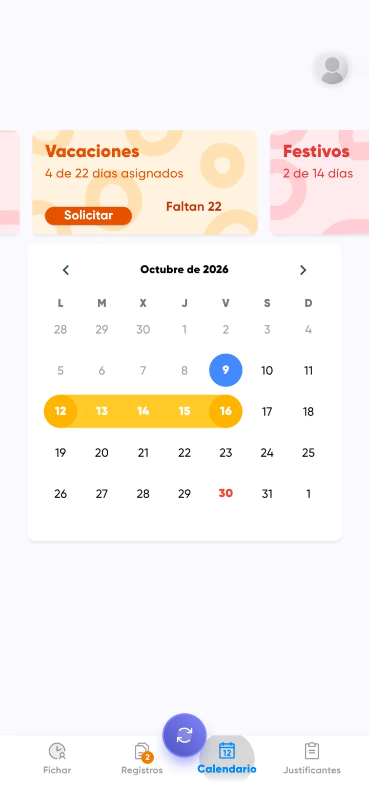 Calendario: Vacaciones asignadas, festivos y solicitudes.