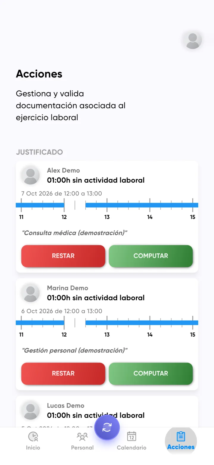 App Shift In, perfil profesional: Justificantes