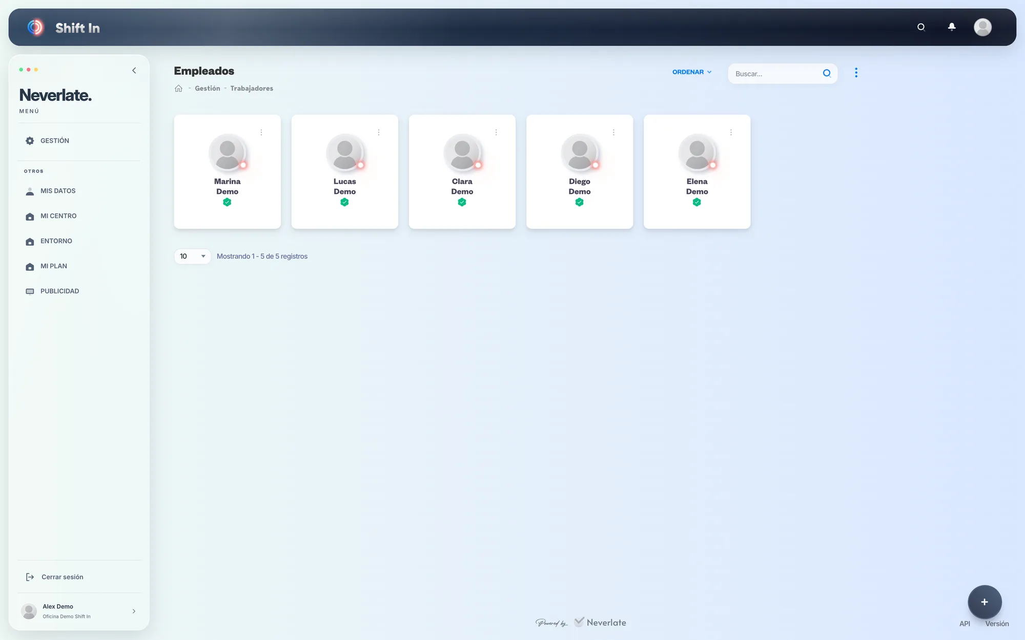 Panel web de Shift In: Equipo