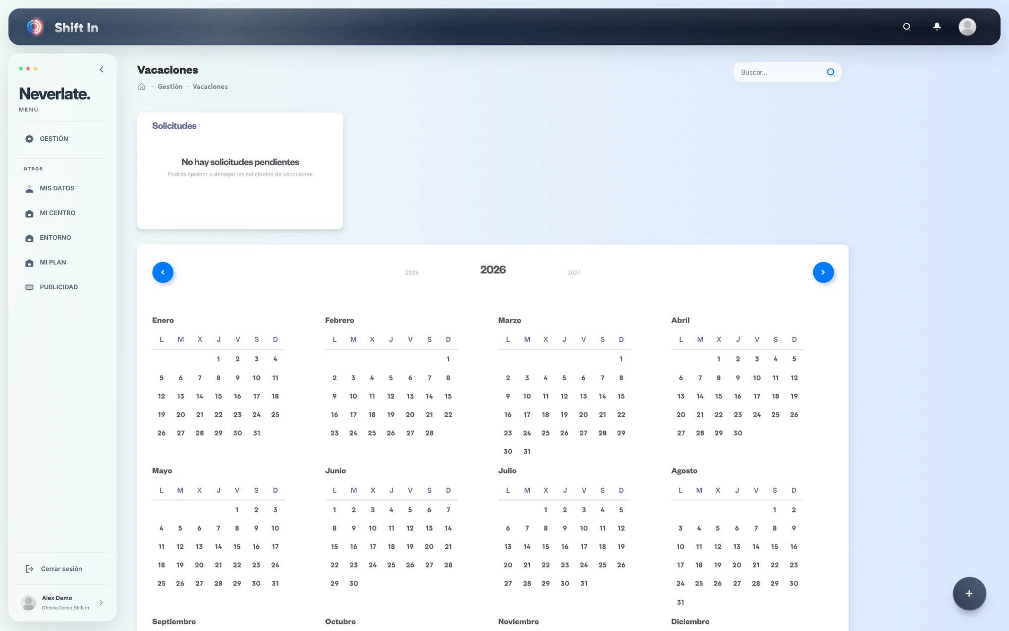 Panel web de Shift In: Vacaciones